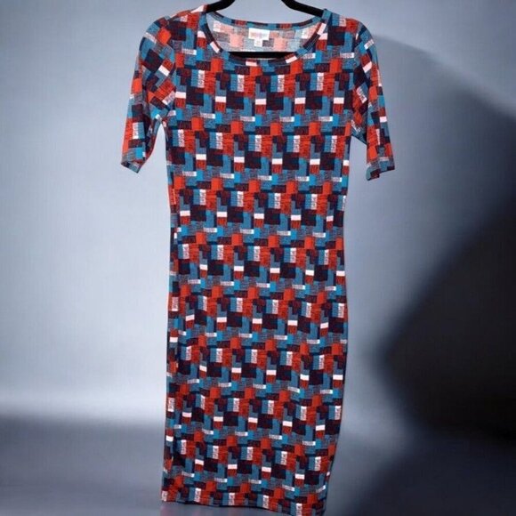 LuLaRoe The Julia Multicolor Geometric Short Sleeve Fitted Knee Midi Dress S - Picture 2 of 8